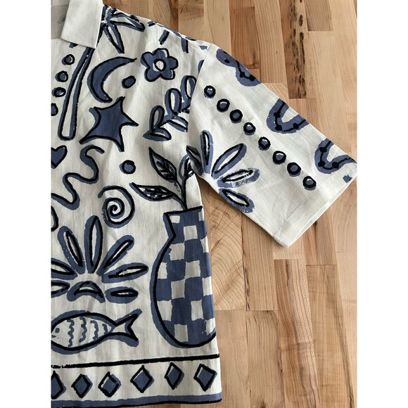 Cleobella Collared Short Sleeve Blouse Cotton Linen Blue Graphic Print Beachy XS - Picture 4 of 9